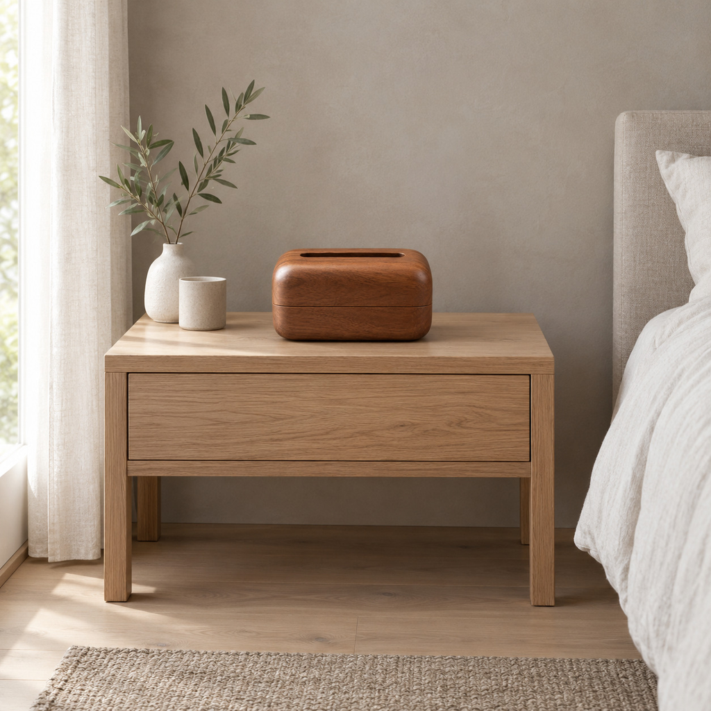 Rounded wooden tissue box cover in Walnut on an oak bedside table in a calm room