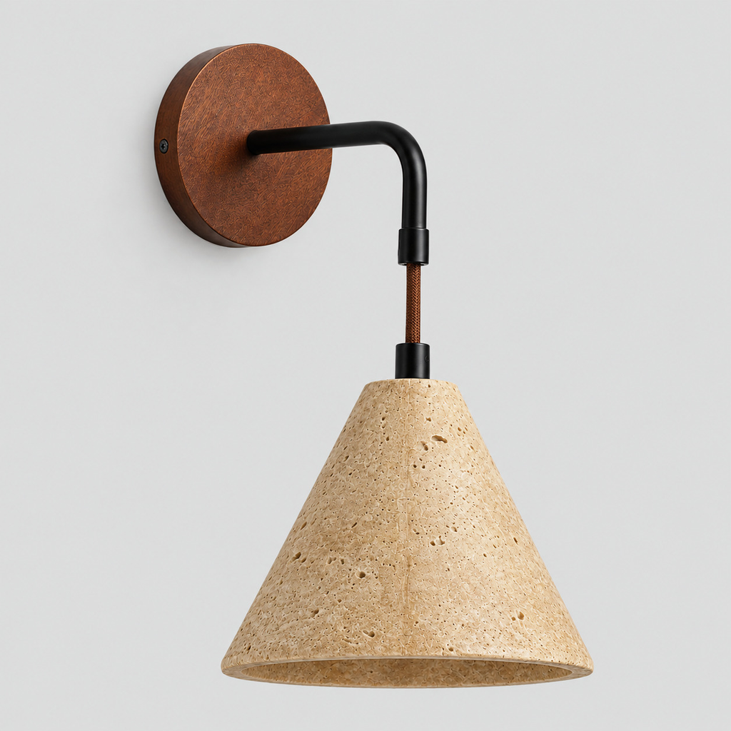 Conical travertine wall sconce in Travertine on a light gray studio background, in its Wall Sconce (Tricolor) shape