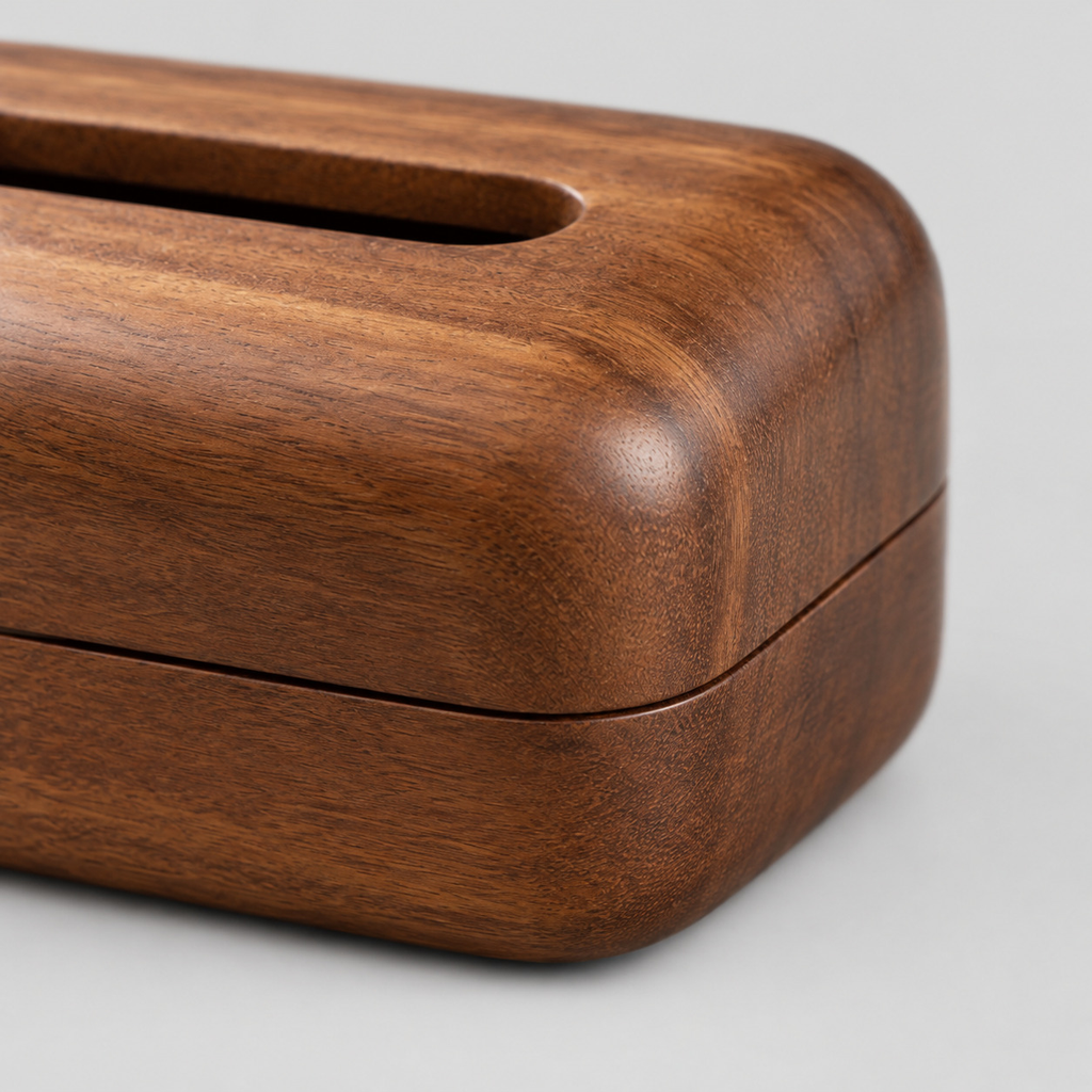 Close up of the clean horizontal seam where the magnetic lid meets the base of the wooden tissue box cover.