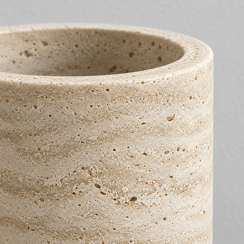Close up of the porous travertine surface texture of the natural travertine stone vase