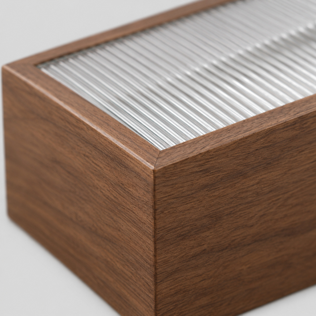 Close up of the mitered joint of the rectangular wooden tissue box cover.