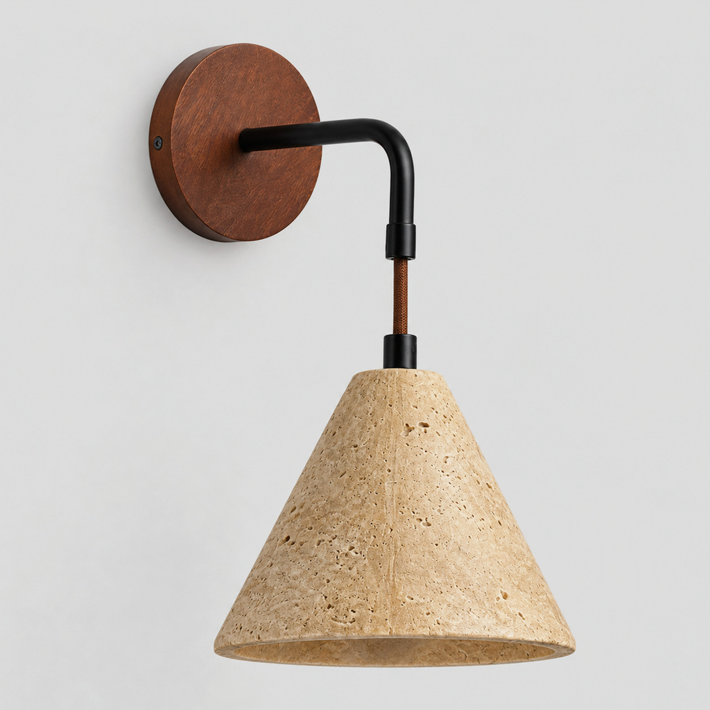 Conical travertine wall sconce in Travertine on a light gray studio background