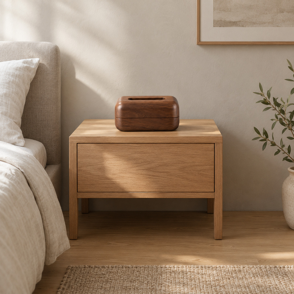 Walnut rounded wooden tissue box cover on a 48 cm wide oak bedside table in a calm room.