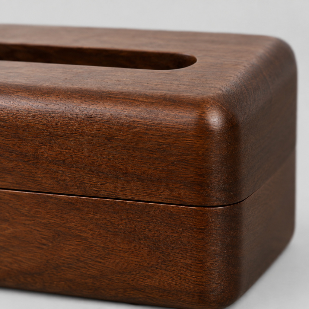 Close up of the horizontal joint between the upper cover and lower base of the wooden tissue box cover