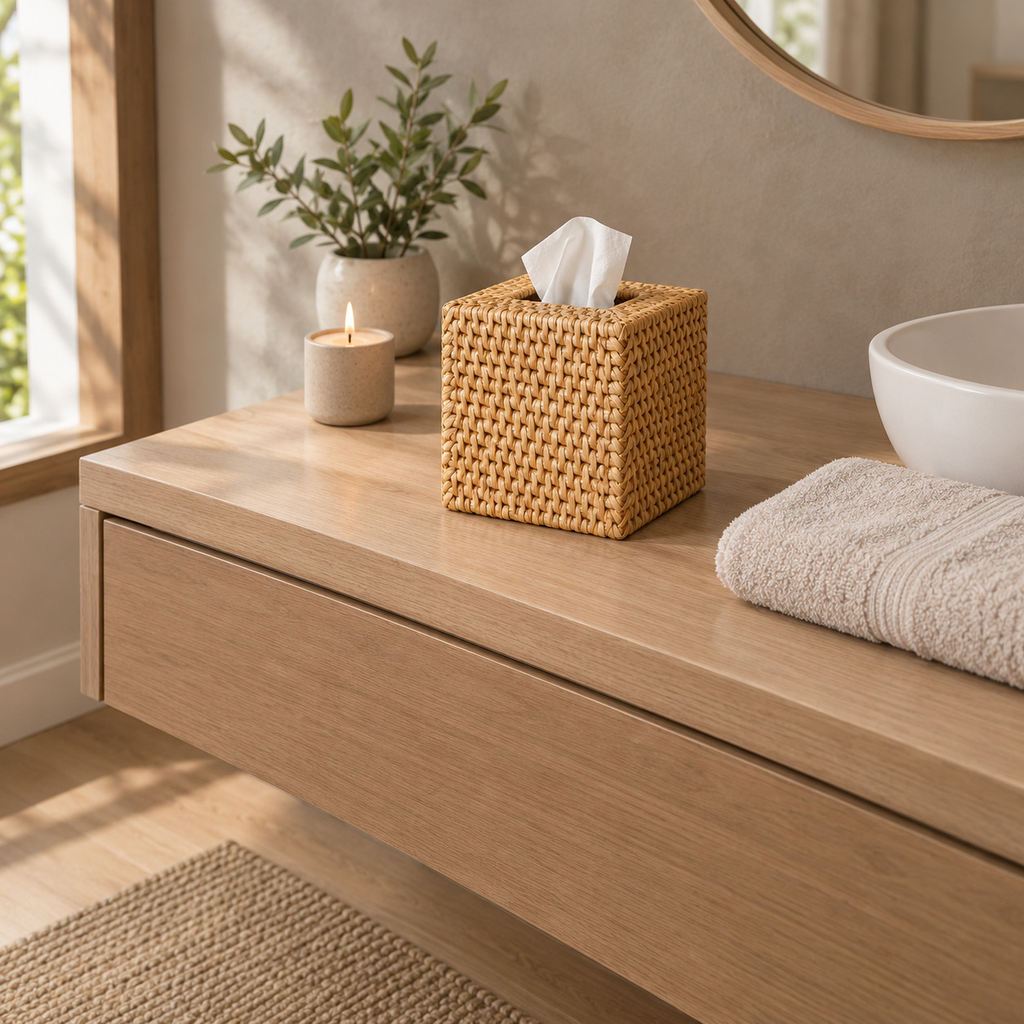 Natural Rattan square woven rattan tissue box cover on a bathroom vanity with a tissue dispensing from the top.