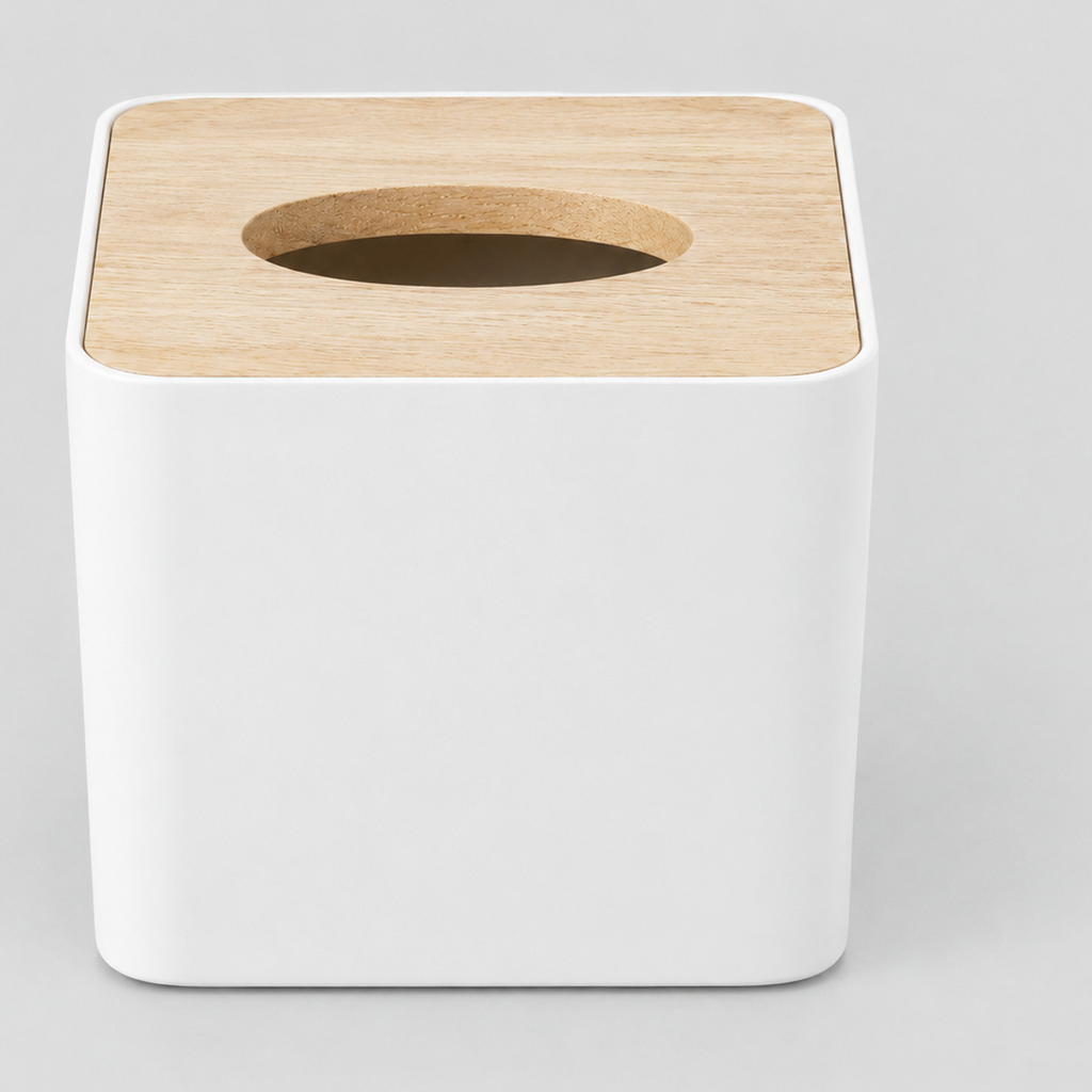 White square tissue box cover with a natural wood lid on a light gray studio background.