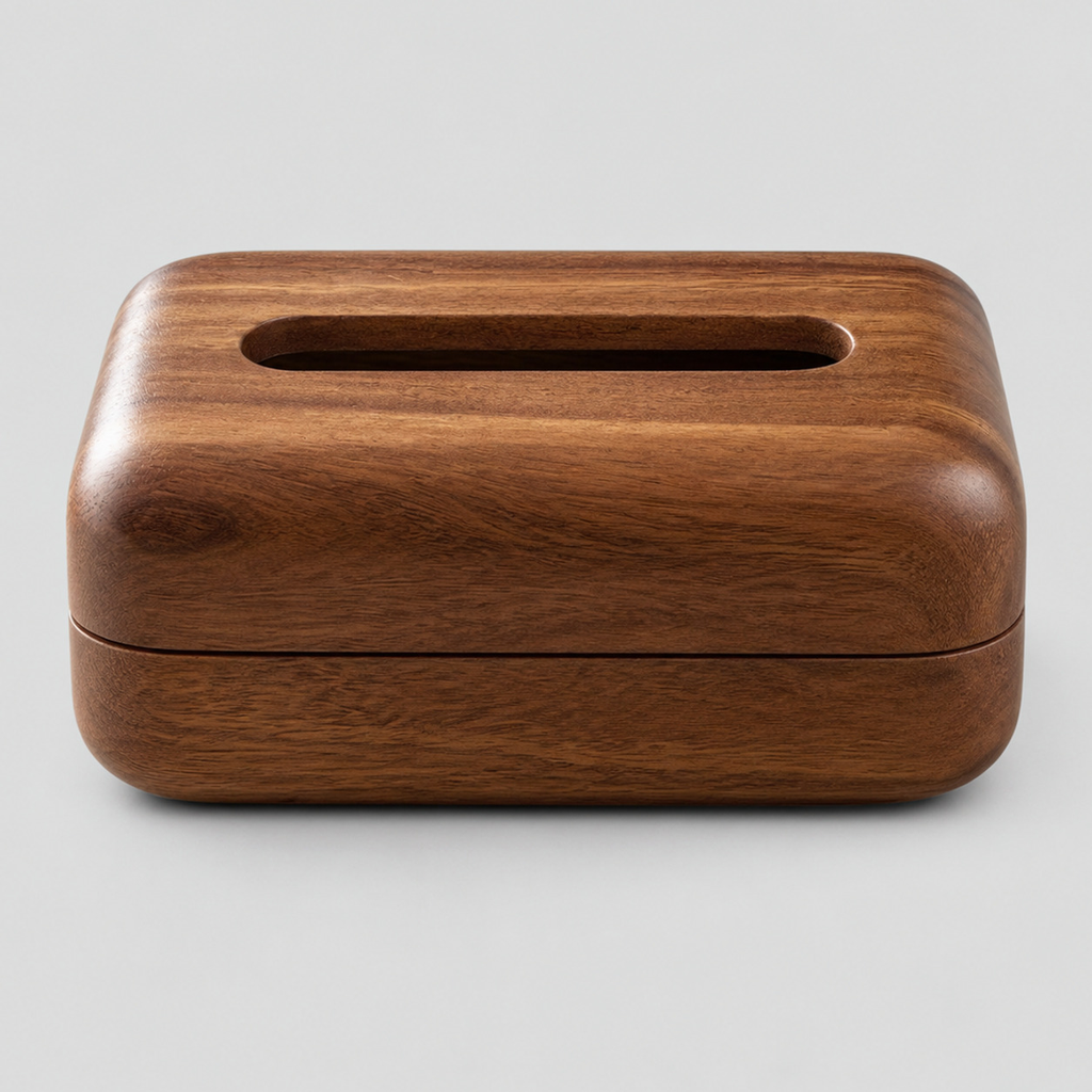 Rounded rectangular wooden tissue box cover in Walnut on a light gray studio background.