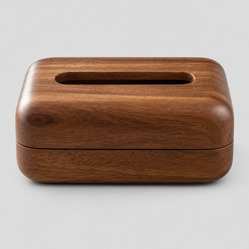Rounded rectangular wooden tissue box cover in Walnut on a light gray studio background.