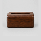 Walnut wooden tissue box cover on a light gray studio background