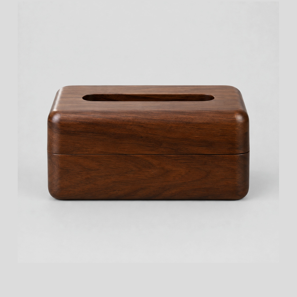 Walnut wooden tissue box cover on a light gray studio background
