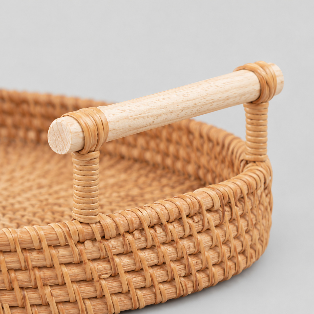 Close up of the smooth wood handle with wrapped rattan bindings of the Natural Rattan serving tray.