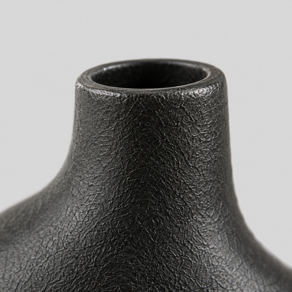 Close up of the smooth rounded rim of the shorter neck of the vase