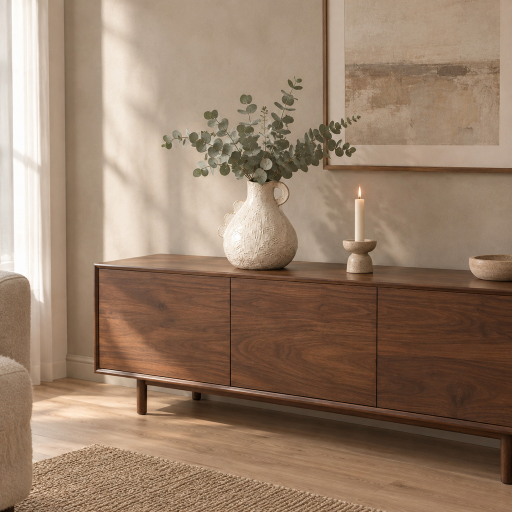 Off-white scalloped ceramic vase on a 160 cm wide walnut sideboard with a bunch of eucalyptus in the vase