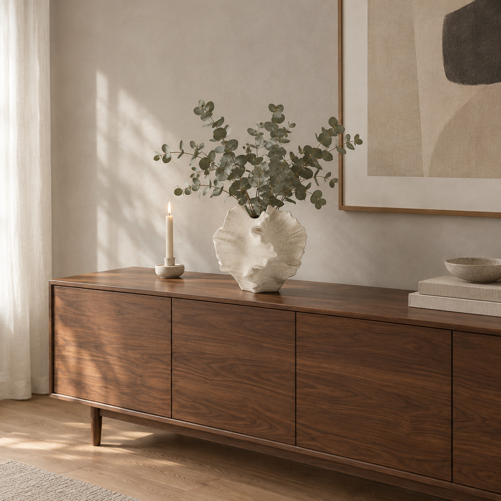 Sculptural ceramic ruffled wave vase in Speckled White on a walnut sideboard with a bunch of eucalyptus in the vase