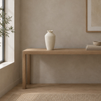Textured ceramic vase in Cream on a 120 cm wide oak console table in a calm room.