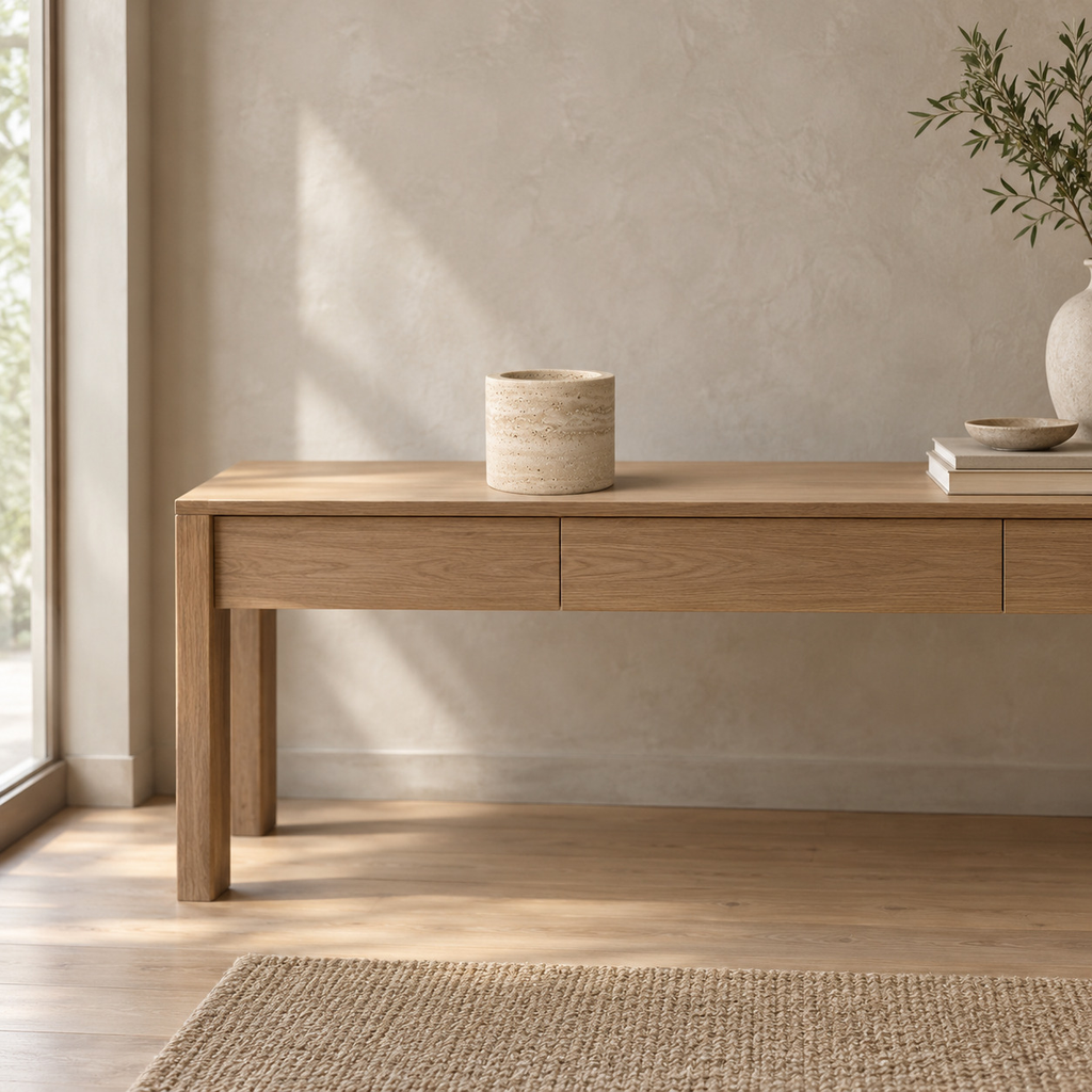 Natural travertine stone vase in Beige Travertine on a 120 cm wide oak console table in a calm room