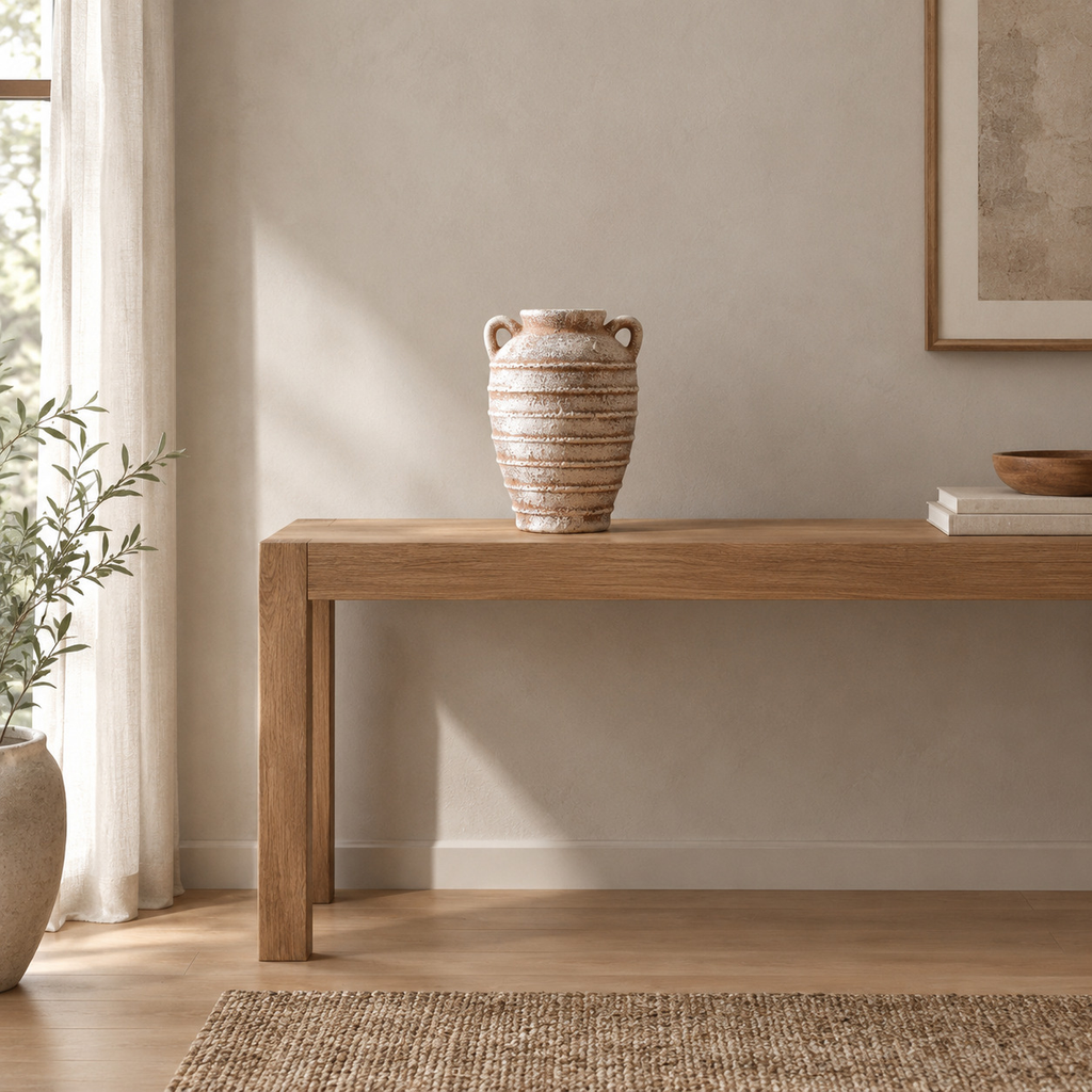 Double-handled ceramic amphora vase on an oak console table in a calm room.
