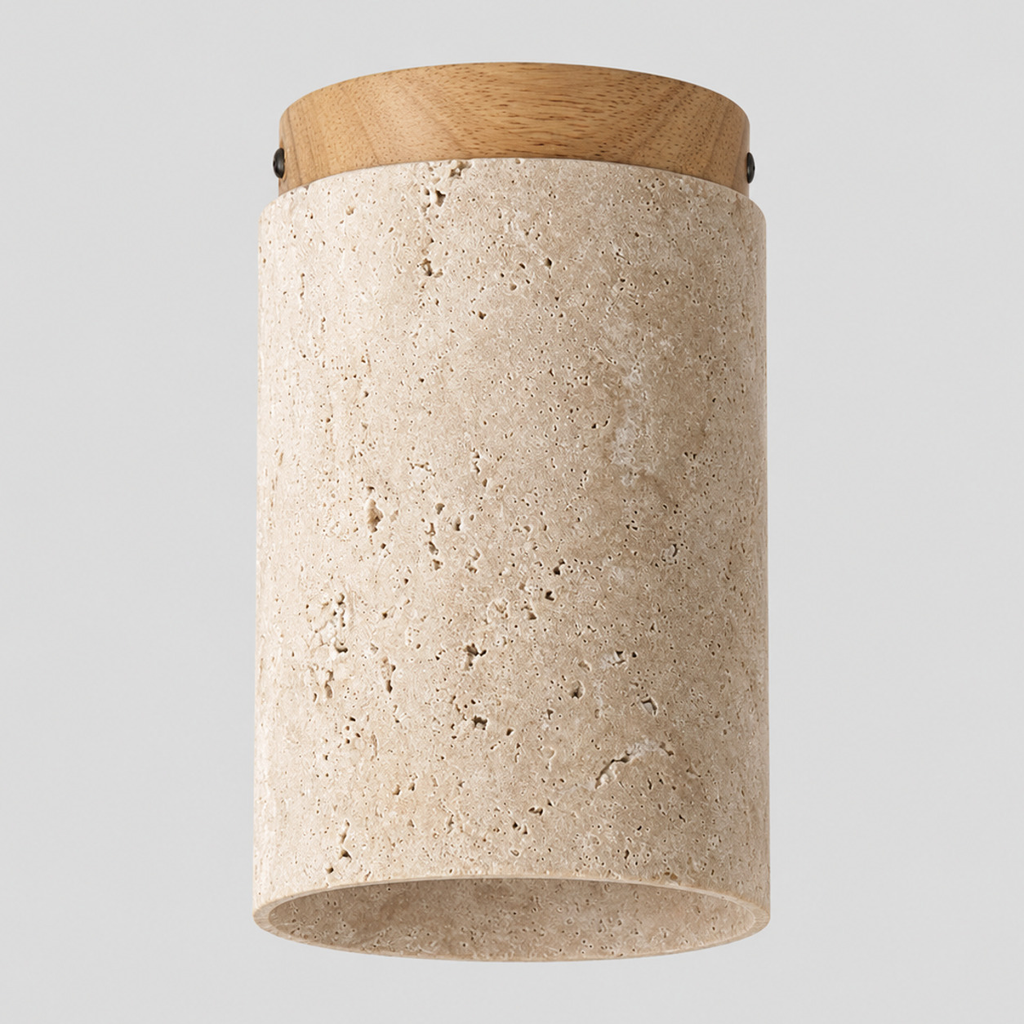 Cylindrical travertine ceiling light in natural wood finish on a light neutral gray studio background.