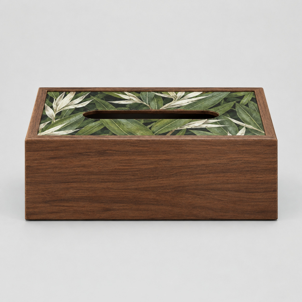 Rectangular wooden tissue box cover in Bamboo Leaf on a light gray studio background.