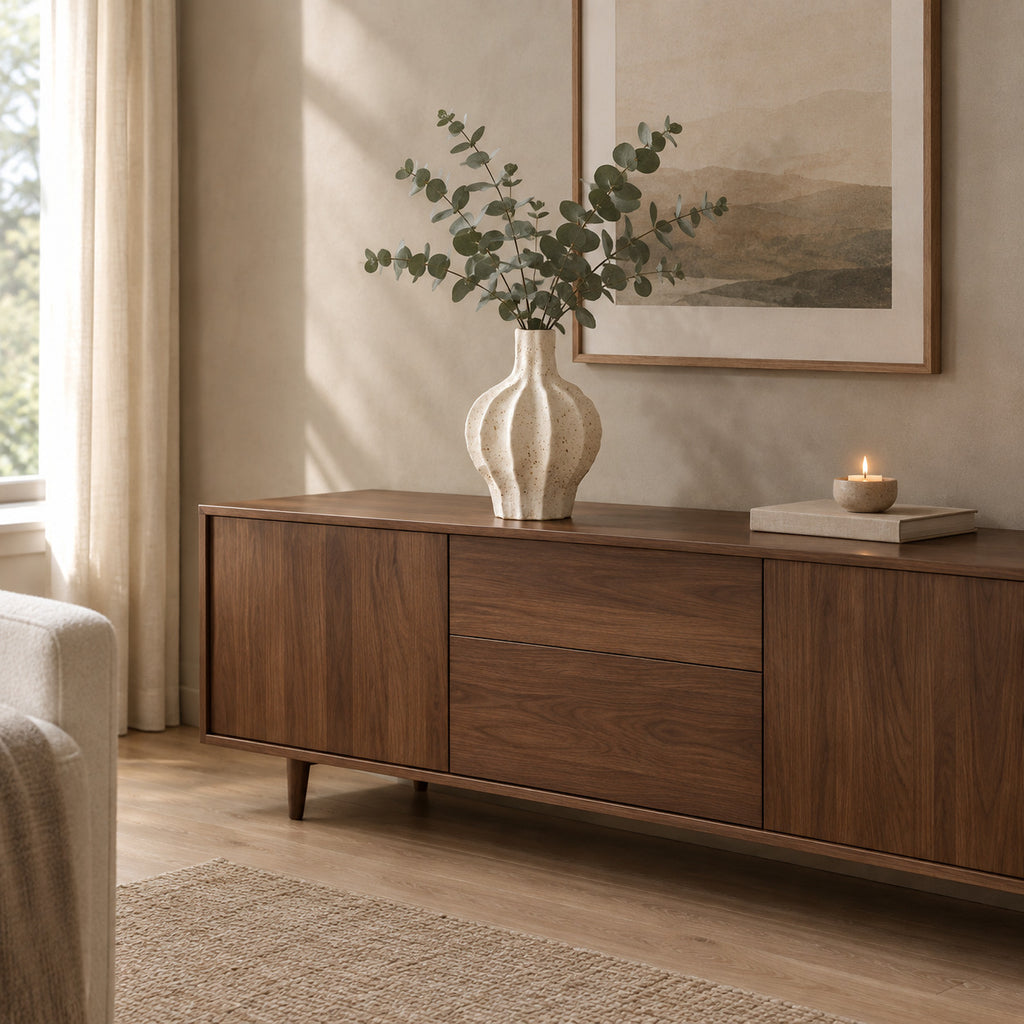 Coarse ceramic fluted vase in Speckled White on a walnut sideboard styled with eucalyptus stems.