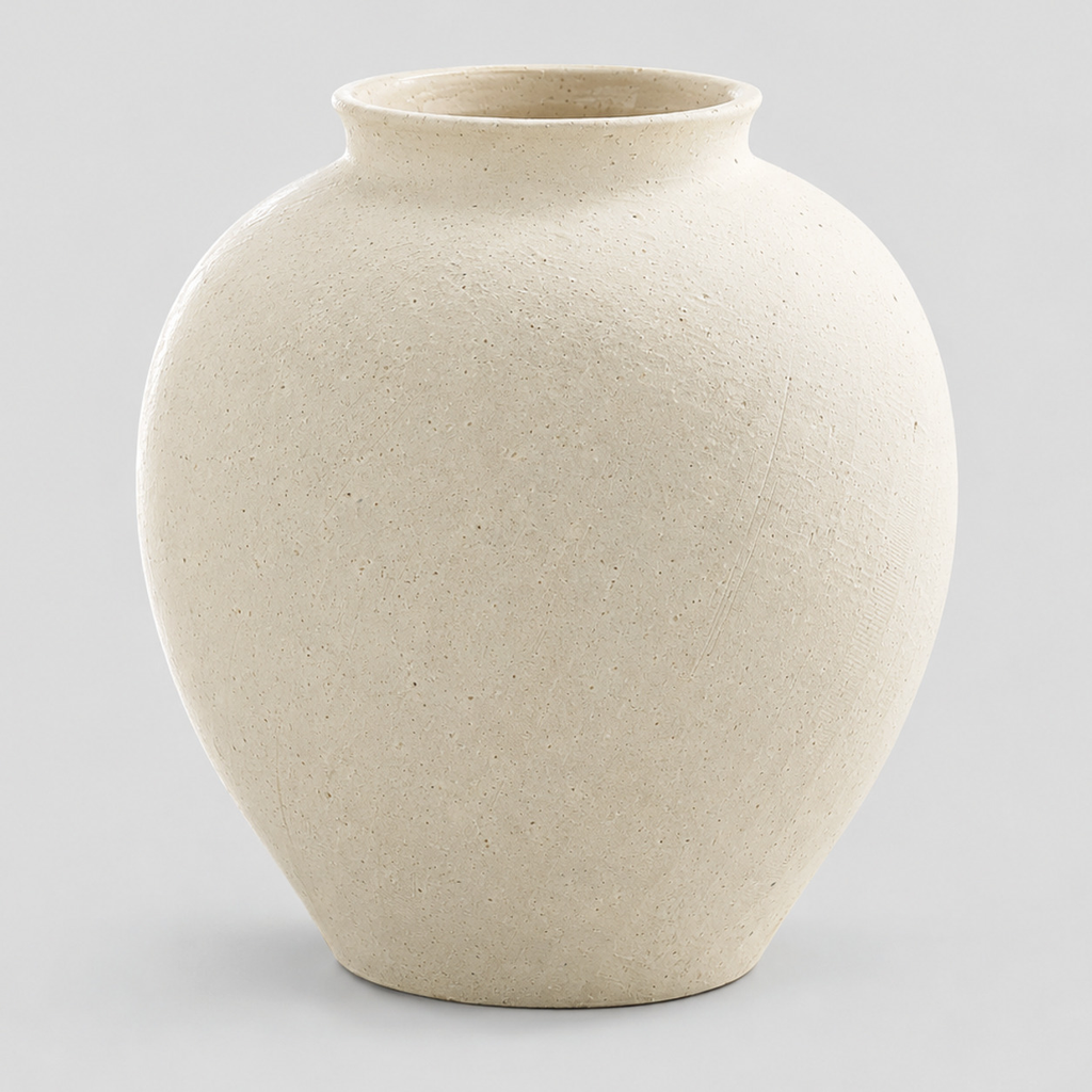 Textured round ceramic vase in an Off-White finish on a light gray studio background