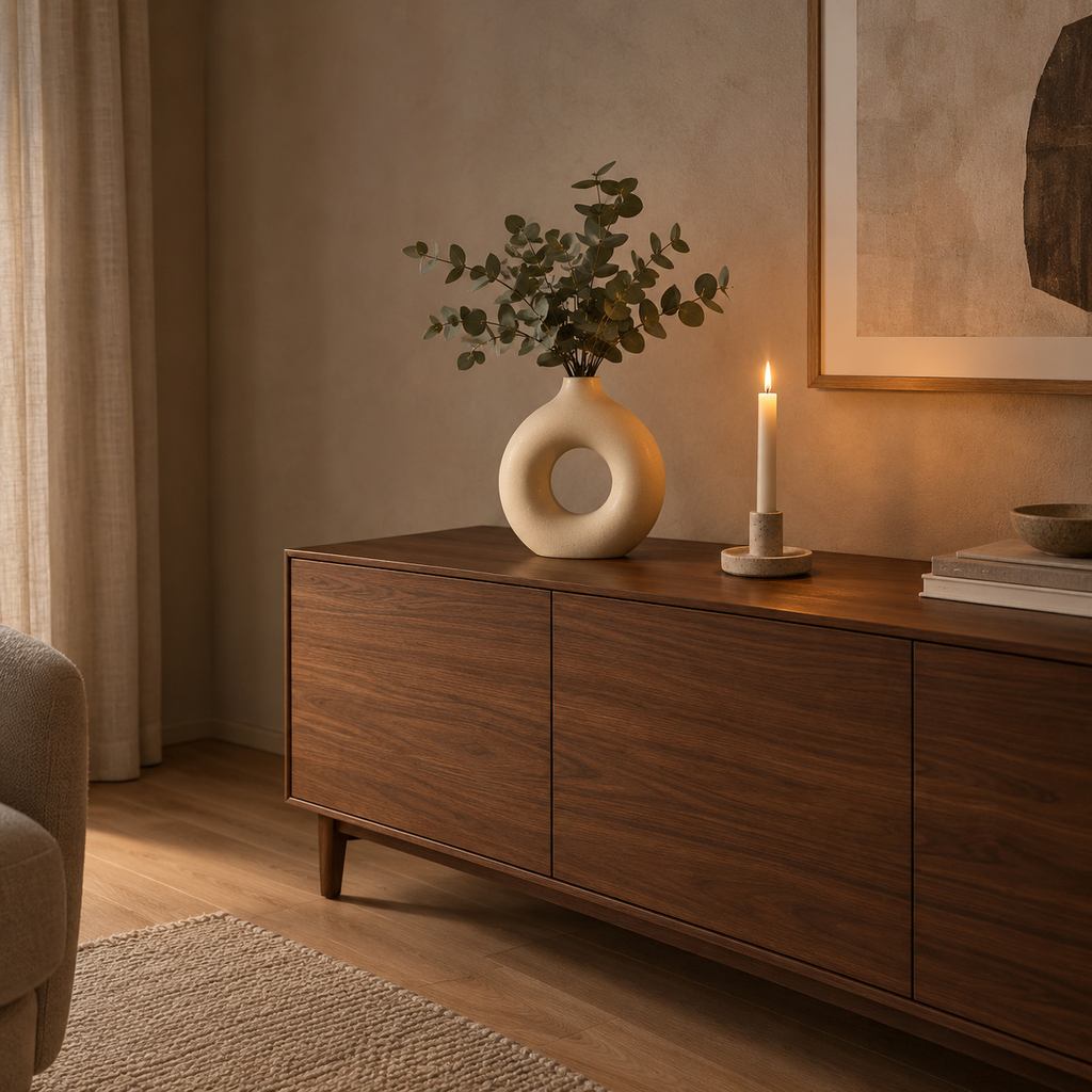 Beige hollow round ceramic vase on a walnut sideboard styled with eucalyptus stems.