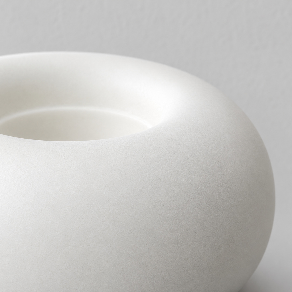 Close up of the smooth matte ceramic surface texture of the Matte White ceramic donut candle holder.