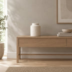 Textured White ceramic jar vase on a 120 cm wide oak console table in a calm room.