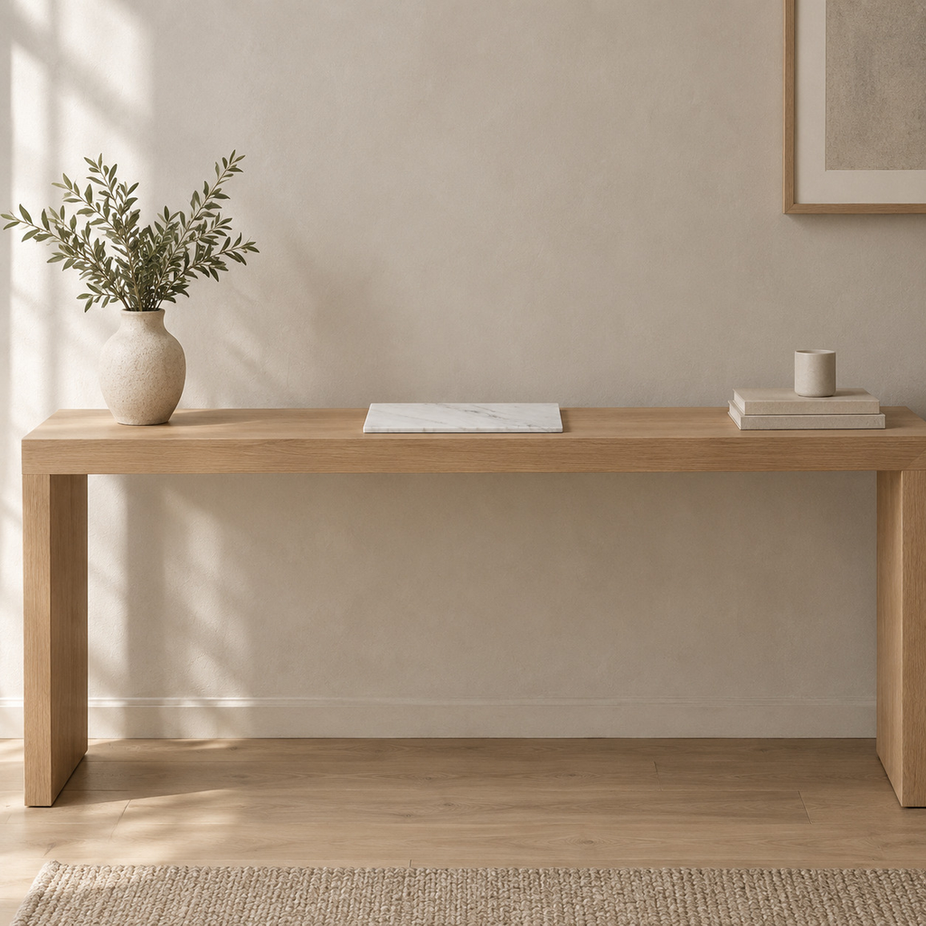 Rectangular marble tray in White Marble on an oak console table in a calm room.