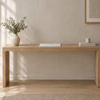 Rectangular marble tray in White Marble on an oak console table in a calm room.