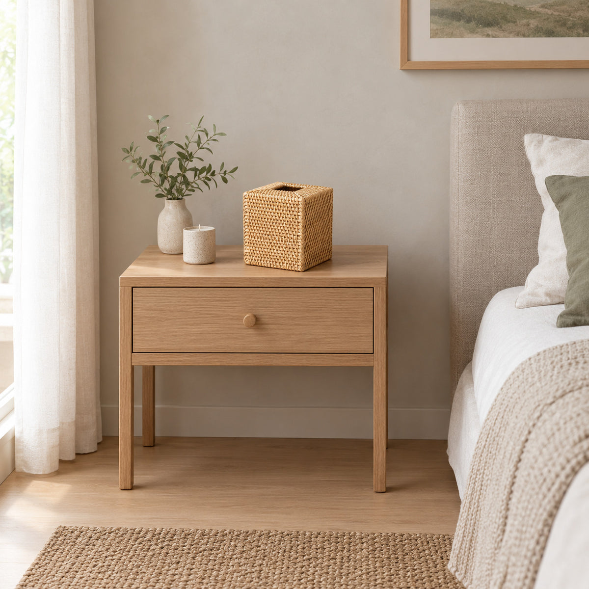 Natural rattan cube tissue box cover on a 48 cm wide oak bedside table in a calm room.