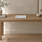 Rectangular marble vanity tray in Carrara White on an oak console table in a calm room