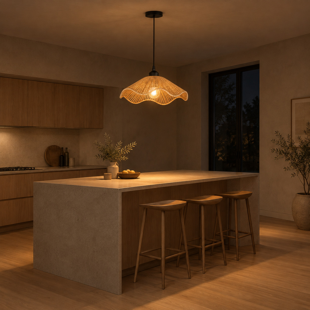 Wavy woven rattan pendant light lit in the evening hanging above a 180 cm long kitchen island, the only light in the room