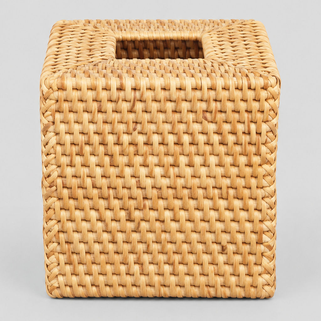 Natural woven rattan cube tissue box cover on a light gray studio background
