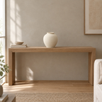Off-White textured round ceramic vase on a 120 cm wide oak console table in a calm room