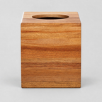 Square wooden tissue box cover in Acacia Wood on a light gray studio background