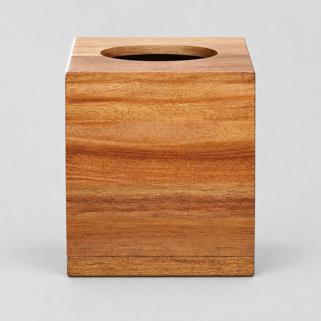 Square wooden tissue box cover in Acacia Wood on a light gray studio background