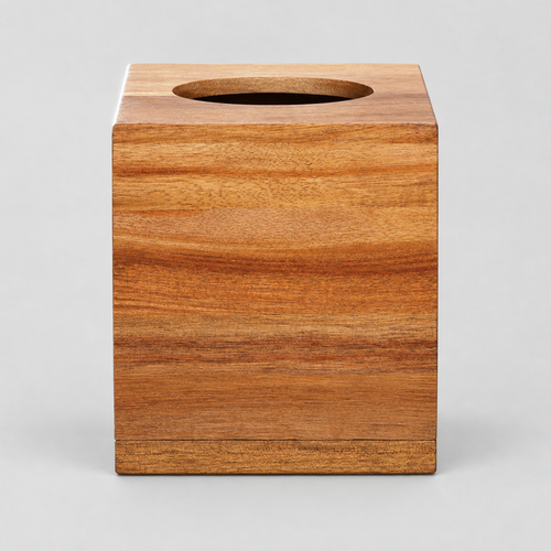 Square wooden tissue box cover in Acacia Wood on a light gray studio background