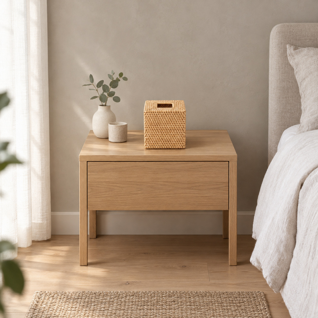 Natural woven rattan cube tissue box cover on a 48 cm wide oak bedside table in a calm room