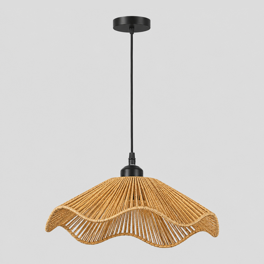 Wavy rattan pendant light in Natural Rattan on a light gray studio background.