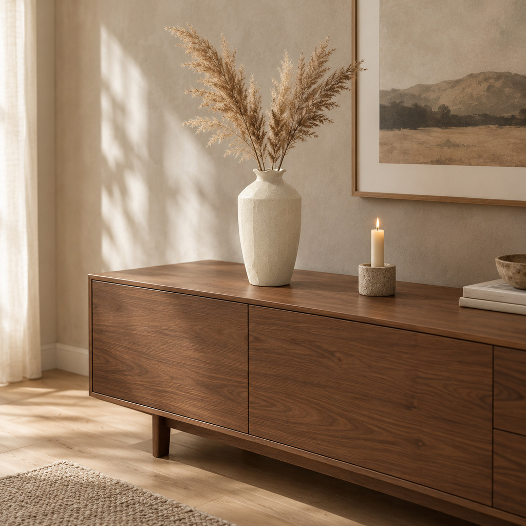Textured ceramic vase in Cream on a 160 cm wide walnut sideboard beneath a framed print with dried pampas stems in the vase.