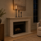 Matte black cast-iron taper candle holder set on a mantelpiece above a fireplace with one lit taper candle in the tallest holder.