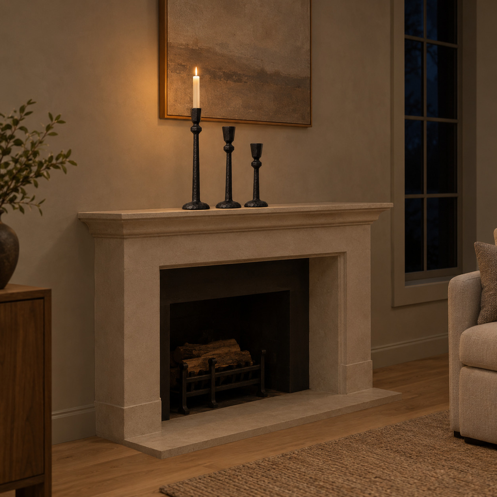 Matte black cast-iron taper candle holder set on a mantelpiece above a fireplace with one lit taper candle in the tallest holder.