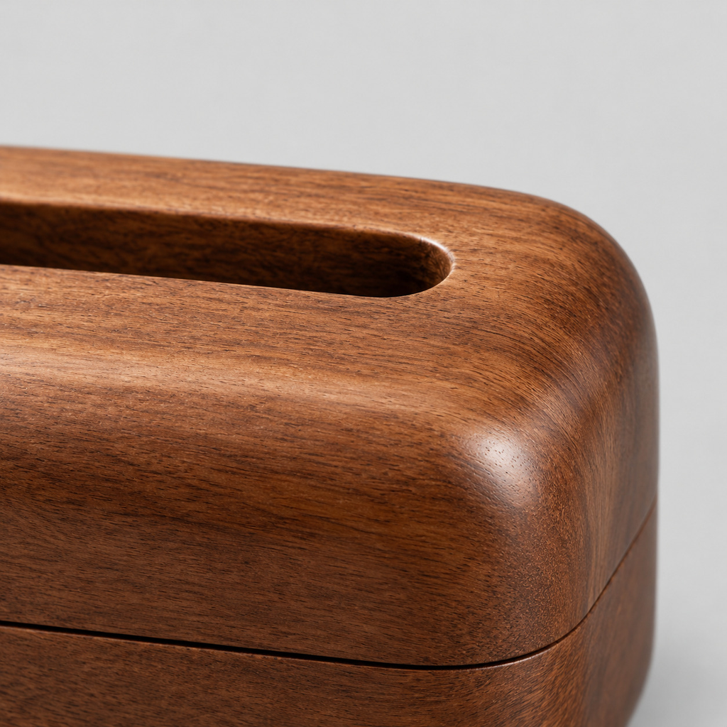 Close up of the smooth rounded lip of the top dispenser of the rounded wooden tissue box cover
