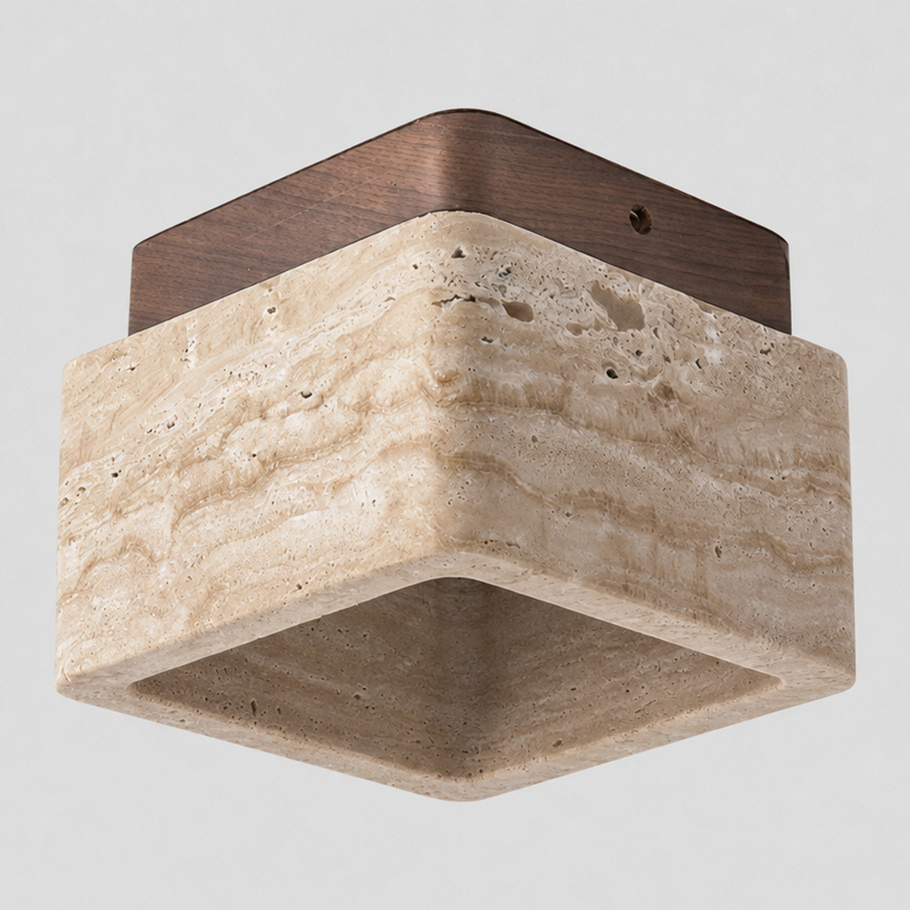 Square travertine flush mount ceiling light in Walnut on a light neutral gray studio background.