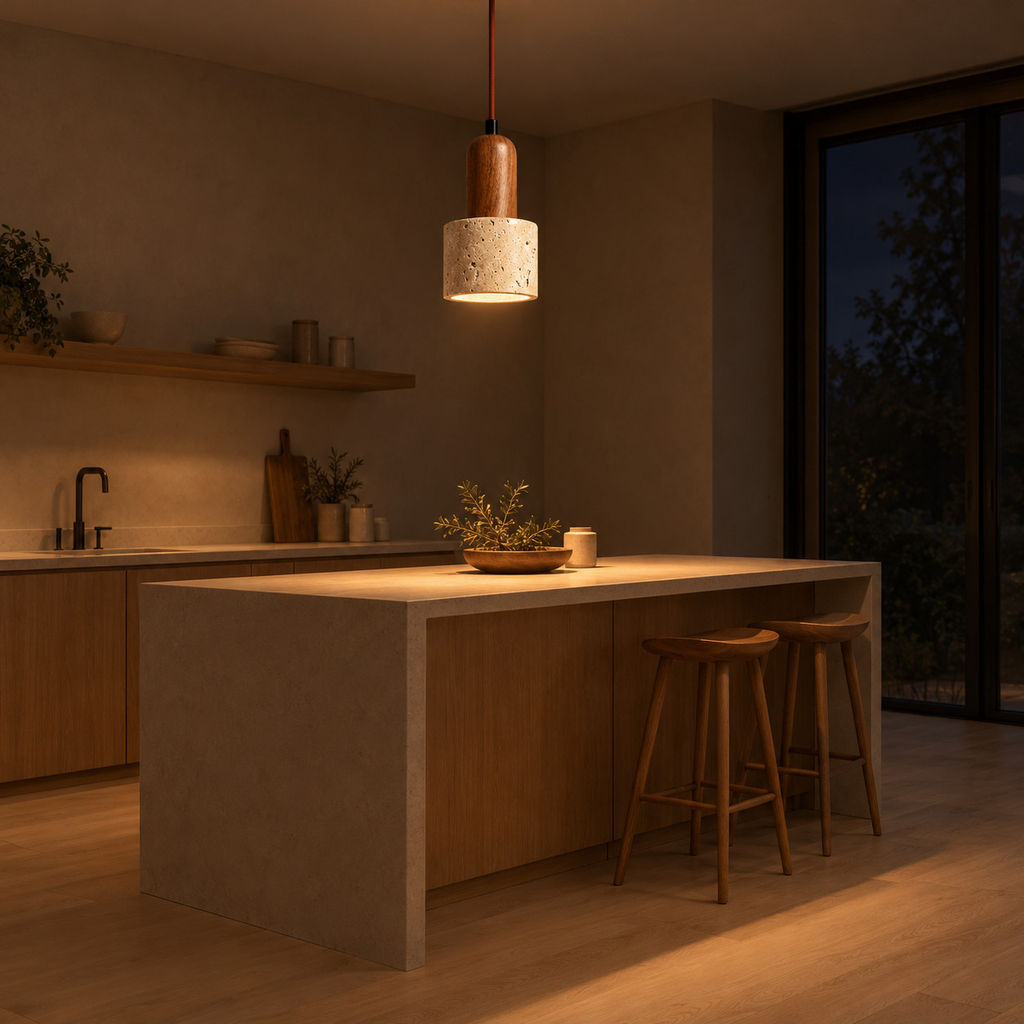 Travertine pendant light lit in the evening hanging above a kitchen island, the only light in the room