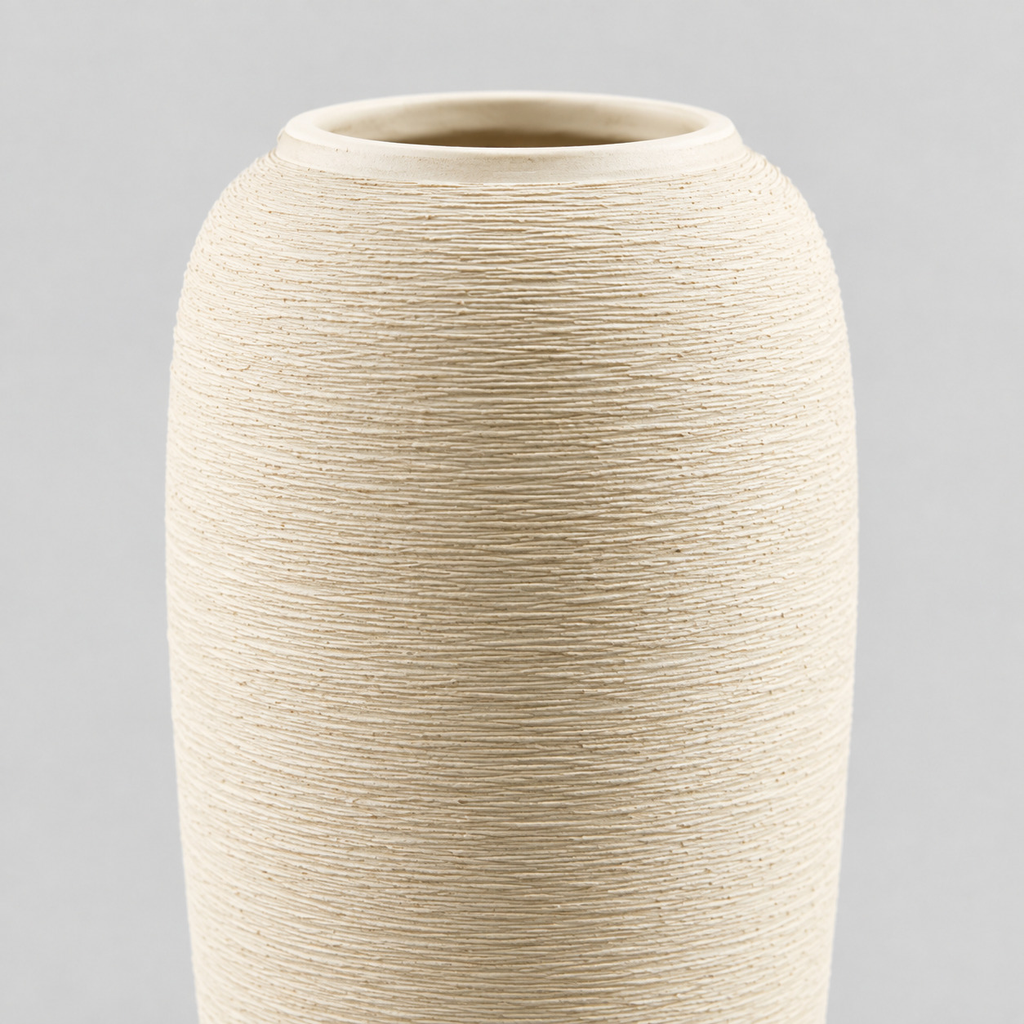 Close up of the brushed horizontal ribbed texture of the stoneware body of the off-white tall ribbed stoneware vase.