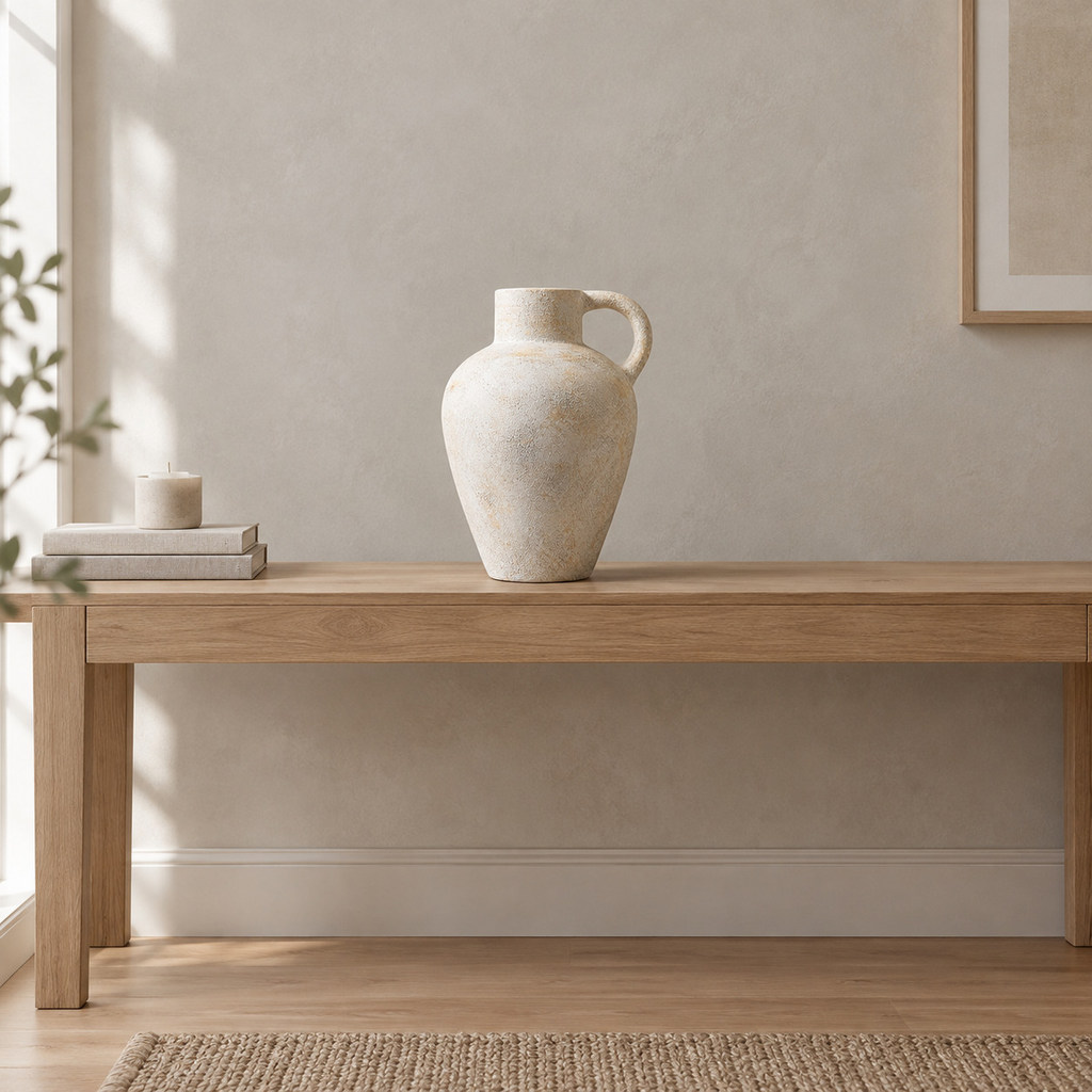 Vintage Beige ceramic pitcher vase on an oak console table in a calm room