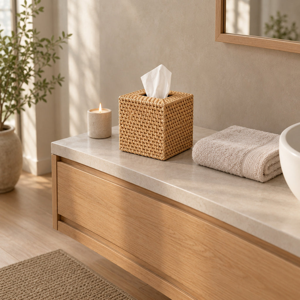 Natural rattan cube tissue box cover on a 90 cm wide bathroom vanity beside a folded towel with a white paper tissue pulled through the top opening.