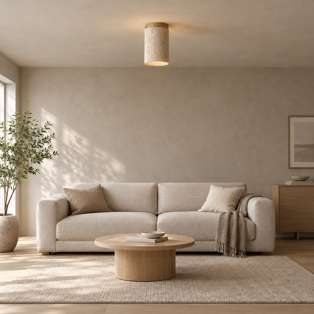 Cylindrical travertine ceiling light lit on the ceiling above a 200 cm wide sofa against greige plaster walls.